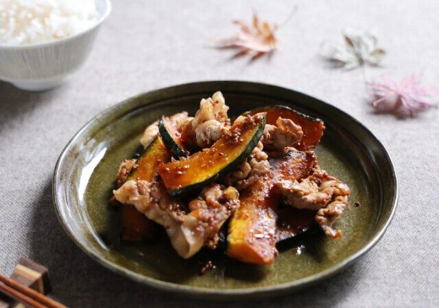 かぼちゃと豚肉の照り焼き粒マスタード炒め