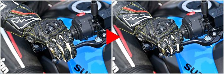 【徐々に入力を弱め最後は触れている程度】直立状態での最大制動時を100％とするなら、その後は10％程度まで入力を弱めつつも、車体の旋回性を引き出すため一次旋回で深く車体をバンクさせる直前までフロントフォークを沈めておくのが、ファンライド層への推奨スタイルだ