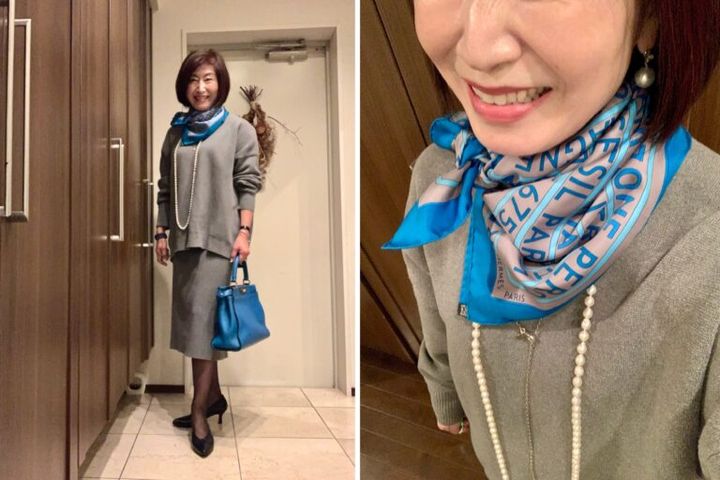 長谷川さん_ニットセットアップコーデ_スカーフアレンジ