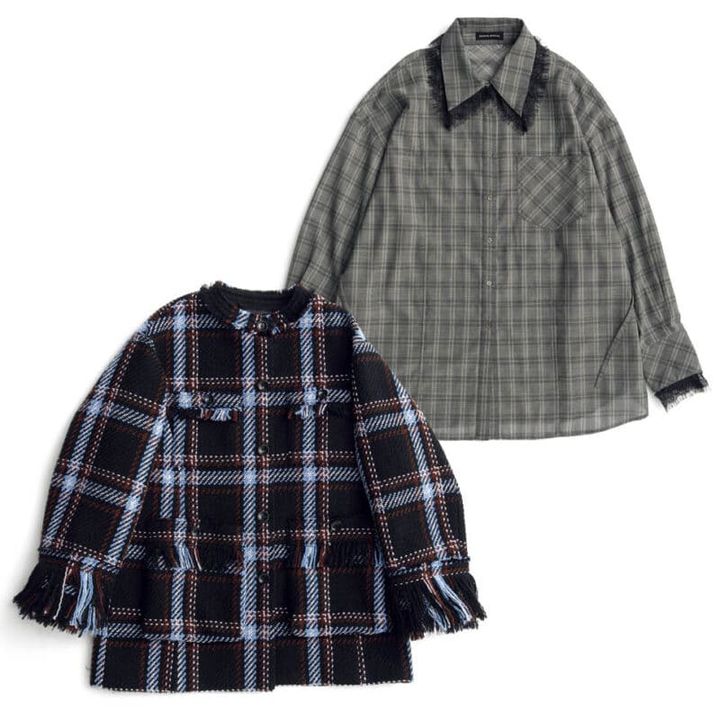 透け感素材×レース、大きめチェック柄などポップさがお洒落。上_2wayシャツ1万9800円、下_ジャケットコート4万1300円（ともにメゾンスペシャル／メゾンスペシャル 青山店）