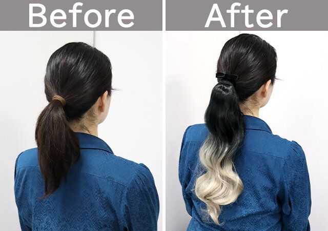 ダイソーのヘアエクステ（リボンタイプ、ウェーブ、ベージュカラー系）のビフォーアフター