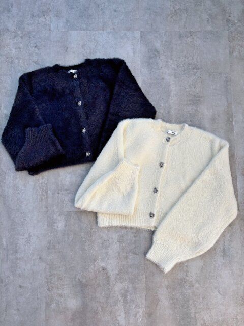 GUシャギーニットハートビジューボタンカーディガン