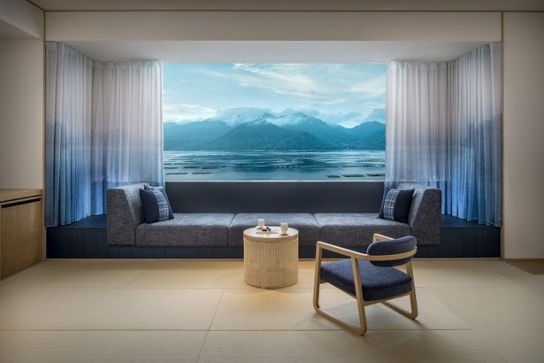 庵治ガラス、福山デニム、大竹和紙など地域文化の粋を集めた界 宮島のご当地部屋「海霧の間」イメージ