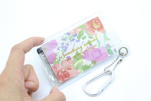 ダイソーのカラビナ付きIDケース（クリア、乳白、黒）