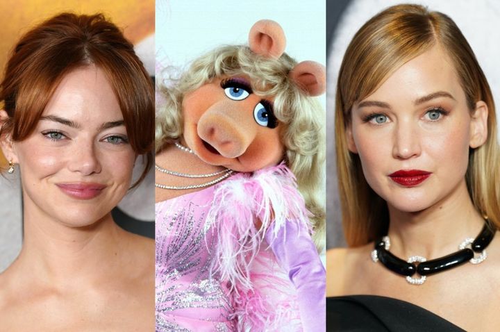 （左から）エマ・ストーン、ミス・ピギー、ジェニファー・ローレンス 写真提供：AFLO width=