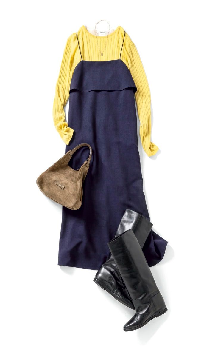 【着回しアイテム：Ⓔ】レイヤードニット2万8600円（マルモア／DMC） バッグ6万8200円（ジャンニ キアリーニ／ジャンニ キアリーニ 銀座店） ブーツ4万7300円（プレインピープル／プレインピープル 青山） ネックレス1万5800円（Mal'a madestore／ロードス）