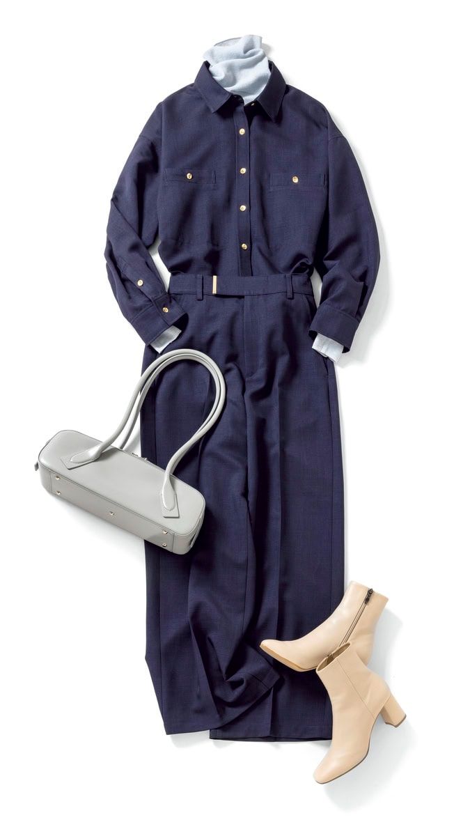 【着回しアイテム：Ⓑ＋Ⓓ】シアータートルニット1万7600円（マイカ＆ディール／DMC） バッグ5万9400円（ザ・パース／プレインピープル青山） ブーツ2万8600円（ダイアナ／ダイアナ 銀座本店）