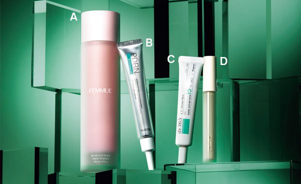 【A】ファミュ ローズ ミルキーエッセンス／【B】インジェスク PD 30000ショットセラム／【C】A.Z. セラムショット／【D】エクセル エシリアル セラムコンシーラー