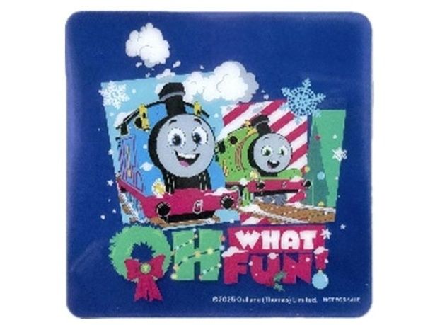 「パーシーのクリスマスカップケーキ」と「パーシーのクリスマスミルクココア」に付属するクリアコースター