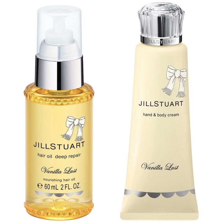 〈左から〉ヴァニラ ラスト ヘアオイル ディープリペア 60ml ￥3,74０ ヴァニラ ラスト ハンド＆ボディ クリーム 100g ￥3,520（ともに12月5日より限定発売）