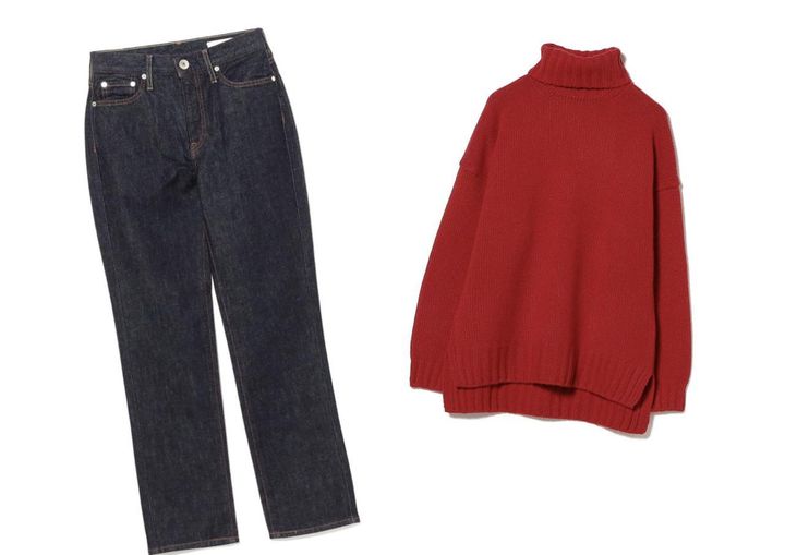 画像: ”upper hights”のデニムパンツ￥27,500・”SLOANE”のタートルネックニット￥39,600（Demi-Luxe BEAMS） www.beams.co.jp