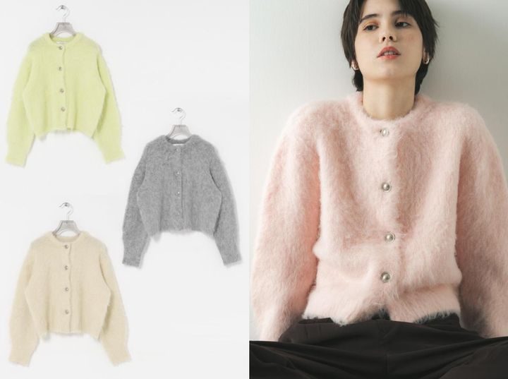 画像: ブラッシュシャギーニットカーディガン（ライム/グレー/エクリュ/ピンク）各¥16,500（すべてアーバンリサーチ）