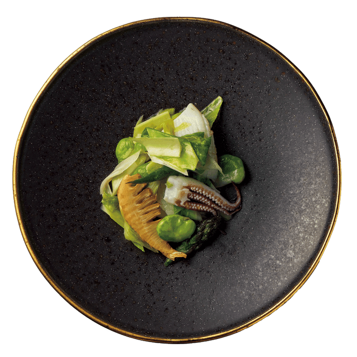 ヤリイカと春野菜炒め ウルイ、空豆、アスパラ、スナップえんどう