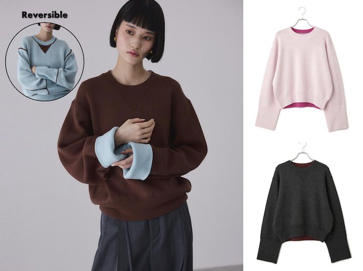 画像: バイカラーリバーシブルニットプルオーバー（ダークブラウン系/ピンク/チャコール）各¥18,700（すべてアダム エ ロペ）