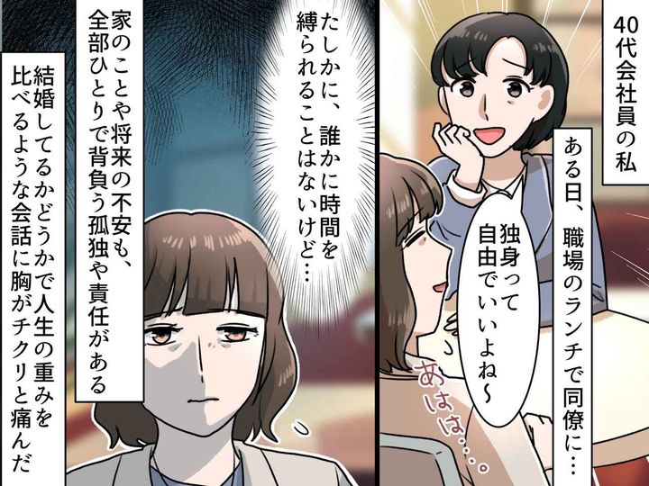 画像: 「いいなぁ、独身は自由で」既婚同僚の発言にモヤッ。そんなに気楽じゃないから！ 本音をこぼした結果