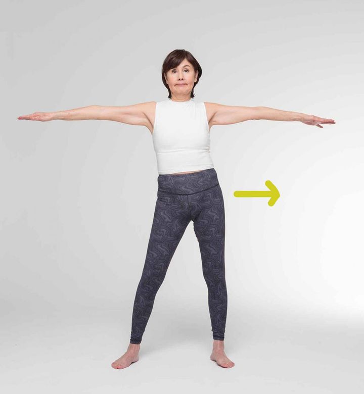 【３】頭と腰の中心を動かさないで、腰だけ左へふります。