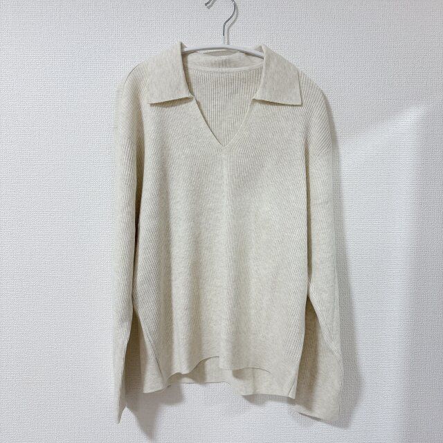 ユニクロ ウォッシャブルニットリブポロセーター NATURAL