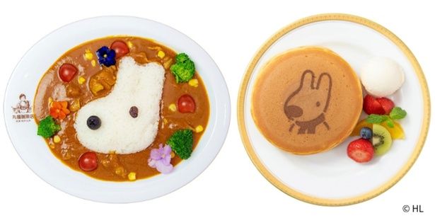写真左から 「リサとガスパールのバターチキンカレー」(単品1430円)、「限定ホットケーキデラックス」(単品1320円)