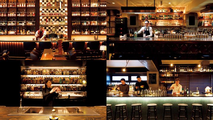 大手町〈VIRTÙ〉店内、代官山〈Flying Bumblebee〉店内、渋谷〈INC cocktails〉店内、渋谷〈Swig〉店内