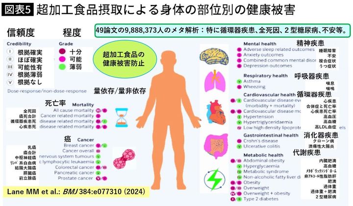 【図表】超加工食品摂取による身体の部位別の健康被害