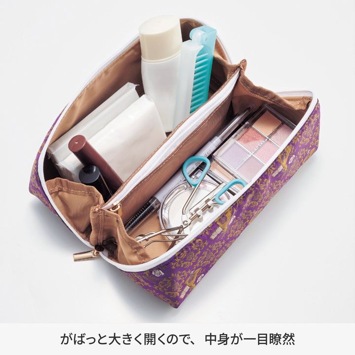 織り柄が美しいジャカード素材のがばっと開くポーチ 収納イメージ