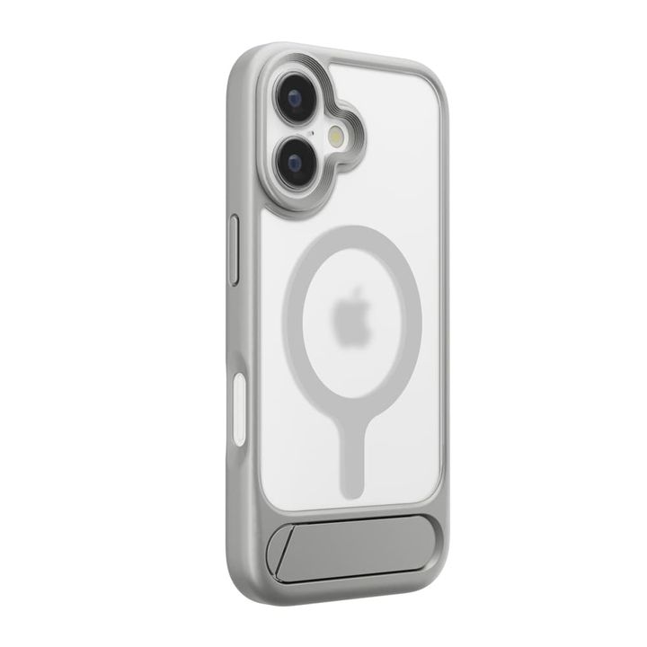 iPhone17 用 スタンド付きハイブリッドケース（MagSafe対応）グレー（背面・斜め）
