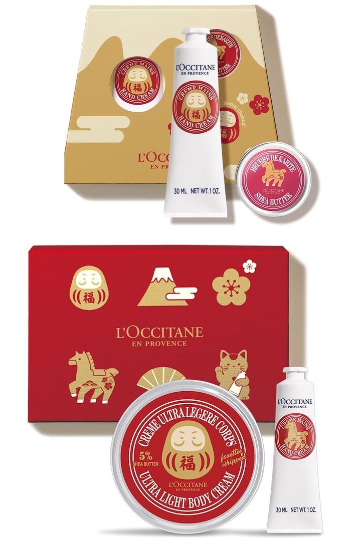 〈上〉2026 NewYear ベストセラーキット ￥3,740（12月3日より限定発売） ※セット内容／シア ハンドクリーム 30ml、シアバター 10ml 〈下〉2026 NewYear スノーシア ボディ＆ハンド ￥7,370（12月3日より限定発売） ※セット内容／スノーシア ボディクリーム 175ml、シア ハンドクリーム 30ml