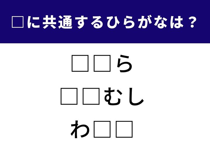 ことばクイズ初級編！ 空欄に同じひらがなが入る言葉を探す問題です。一見バラバラの言葉でも、共通点を見抜くとすっきり！ 発想力のトレーニングにぴったりです。