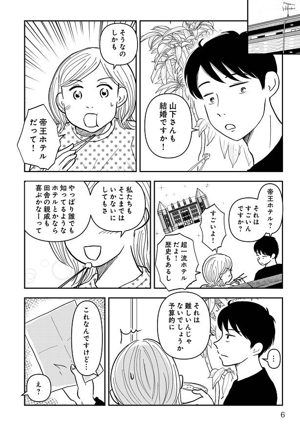 同期の山下の披露宴会場が一流ホテルだと知り、アイコも披露宴に夢を持つが…