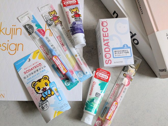 SODATECOシリーズ一式と本の上に並べたケアアイテムの俯瞰