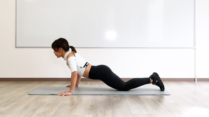 膝つきプッシュキープの写真_両手と両膝、両方のつま先を地面につけ、両腕で体を支えてキープ