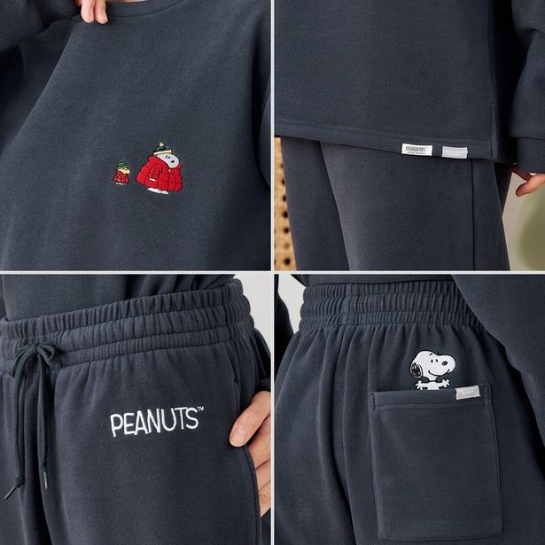 胸元の着ぶくれスヌーピー＆ウッドストックの刺しゅうと、右後ろポケットからのぞくスヌーピーがポイント(ネイビー)