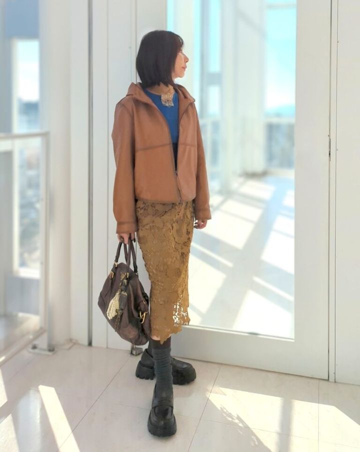 シープレザーブルゾン／oksoon(New)、ニット／UNIQLO、レーススカート／antiqua、レザーバッグ／PRADA、バッグチャーム／私のハンドメイド、ハイソックス／UG(New)、コインローファー／RAGEBLUE(New)