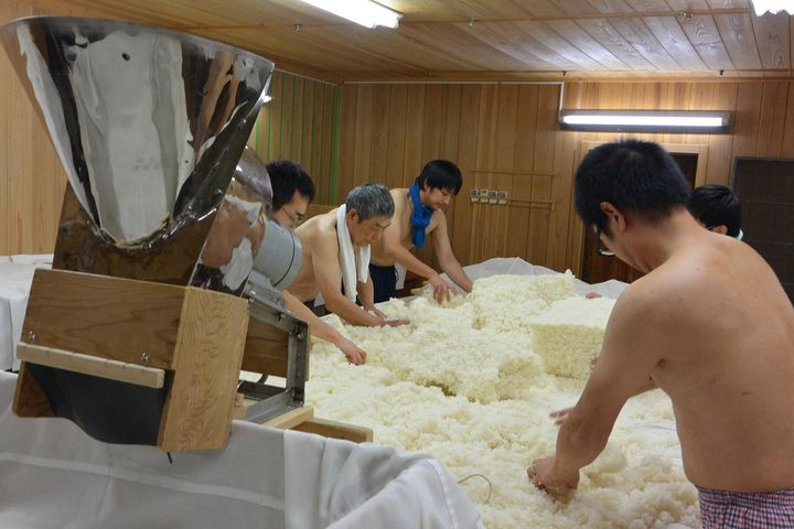 麹室での切り返し作業