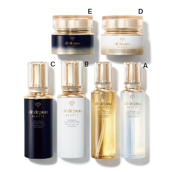 【A】エマルションアンタン シヴ（ニュイ） 【B】エマルションプロテクトゥリス（ジュール） 【C】ローションエサンシエル 【D】クレームアンタンシヴＲ（ニュイ） 【E】クレームプロテク トゥリスＲ（ジュール）