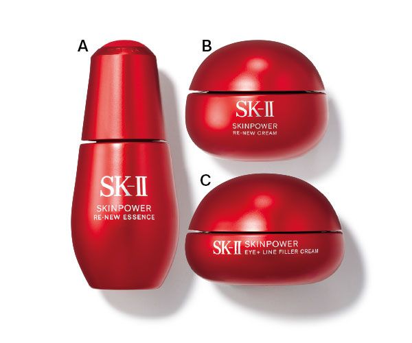 【A】スキンパワー リニュー エッセンス 【B】スキンパワー リニュー クリーム、エアリークリーム 【C】スキンパワー リニュー アイ プラス ライン フィラー クリーム