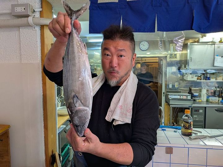 キツネガツオの異名を持つハガツオを持つ上田さん。魚のことなら何でも気さくに教えてくれます