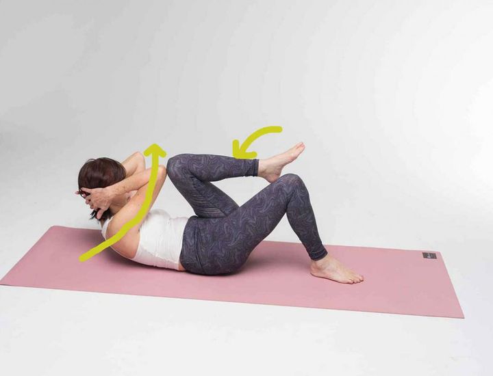 【３】右ひじと左ひざを引き寄せます。ひじとひざがついたときに目は胃のあたりを見ます。