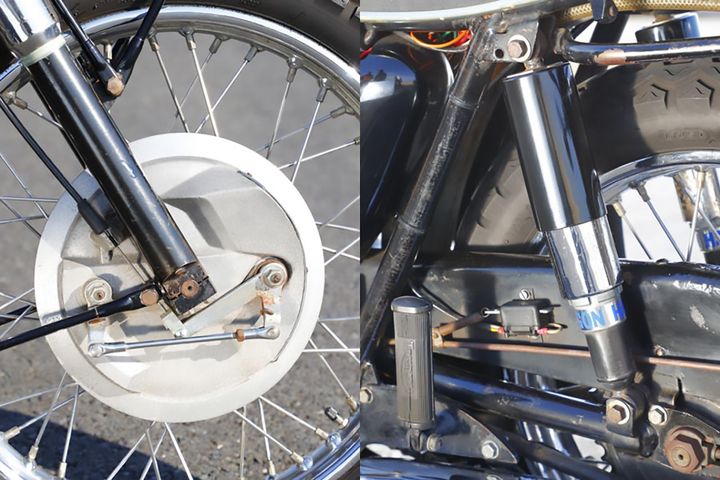 ブレーキドラムはF：8／R：7インチで、フロントは2リーディング式。カバード式リヤショックは、純正スタイルを踏襲するヘイゴン。タイヤはF：19／18インチ