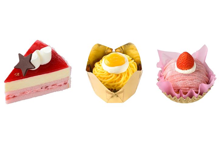 （左から）赤「ベリーのレアチーズ」￥540、黄「モンブラン」￥496、ピンク「苺のモンブラン」￥529（税込み）