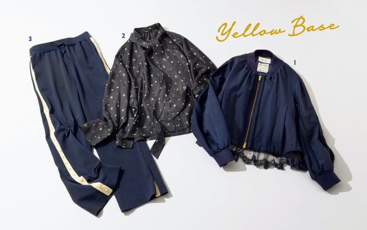 イエベさんにおすすめのネイビーアイテム。1.金具のゴールドはイエベ向き。甘めのレースフリルもモダンに。6万3800円（ミュベール） 2.イエベカラーの小花柄をネイビーで大人っぽく。7万5900円（エブール／リトルリーグ インク） 3.黄みがかった白ライン入りニットパンツもルーズにならず上品な印象に。4万4000円（ミュベール）
