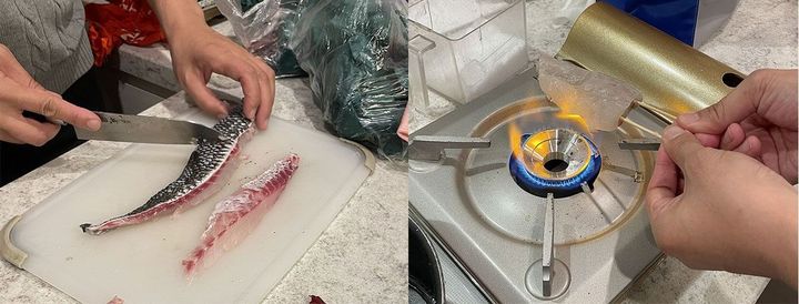 写真左＝友人宅にて。刺身は食べる直前に切り分けたほうが断然美味しいので包丁を借りました。写真右＝焼き切り（焼き霜造り）を実演中。鉄製の串がなくても竹串があればなんとかなります