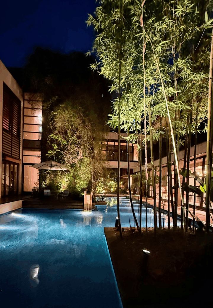 夜のライトアップされた中庭