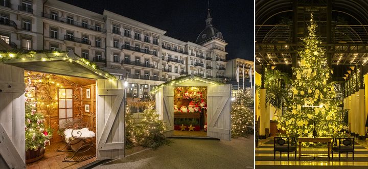 「ヴィクトリア・ユングフラウ・グランドホテル＆スパ」の外観とロビーのクリスマスツリー