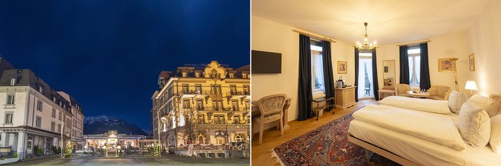 左：2つのホテルがフロントで結ばれる。右：スタンダードなツインルーム