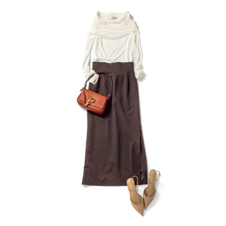 【着回しアイテム：Ⓔ】オフショルダーカットソー2万4200円（デパリエ／デパリエ 伊勢丹新宿店） バッグ5万3900円（ジャンニ キアリーニ／ジャンニ キアリーニ 銀座店） シューズ3万8500円（トニービアンコ／デ・プレ）