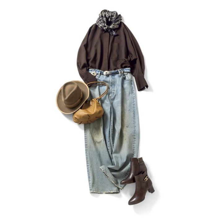 【着回しアイテム：Ⓒ】デニムパンツ4万6200円（ゲミニー／ウィムガゼット ルミネ新宿店） バッグ3万3000円（ラシット／ラシット 京王百貨店 新宿店） ブーツ2万6950円（ダイアナ／ダイアナ 銀座本店） スカーフ1万6500円（マニプリ） ベルト1万6500円（レフィエ／フラッパーズ） ハット3万1900円（ステットソン／ステットソン ジャパン）