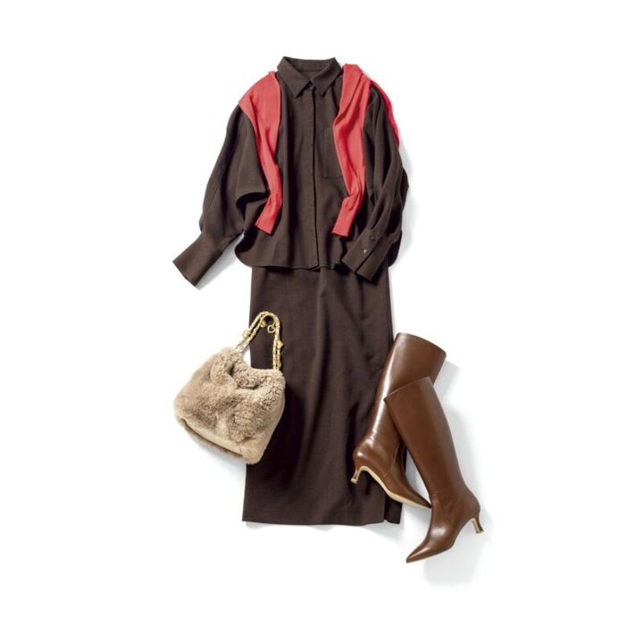 【着回しアイテム：Ⓒ＋Ⓔ】カーディガン6万4900円（ジェイドット／ジェイドット 自由が丘八雲店） ファーバッグ1万4850円、ロングブーツ4万2350円（ともにダイアナ／ダイアナ 銀座本店）