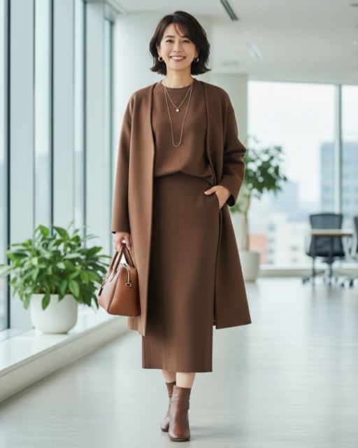 ブラウンのスムースコットンクルーネックセーターとスカートを着たコーデ