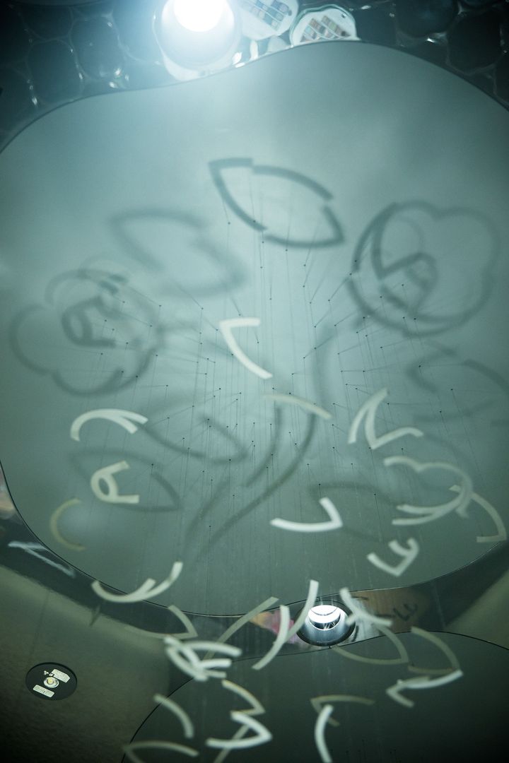 天井から下がるオブジェに光があたると、その影が花椿をかたち作る、この遊び心。